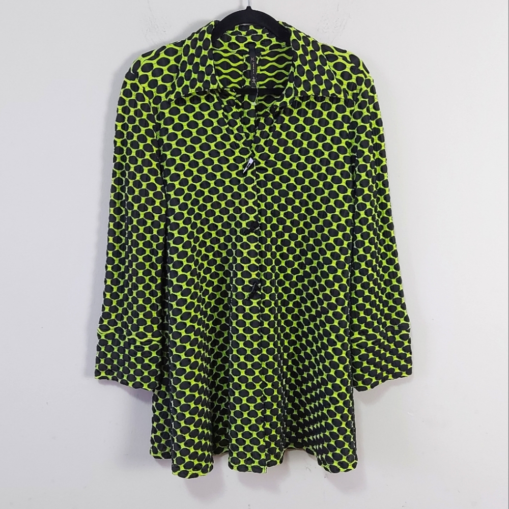 IC By Connie K Women Textured Geometric Split Back Button Jacket Small Green